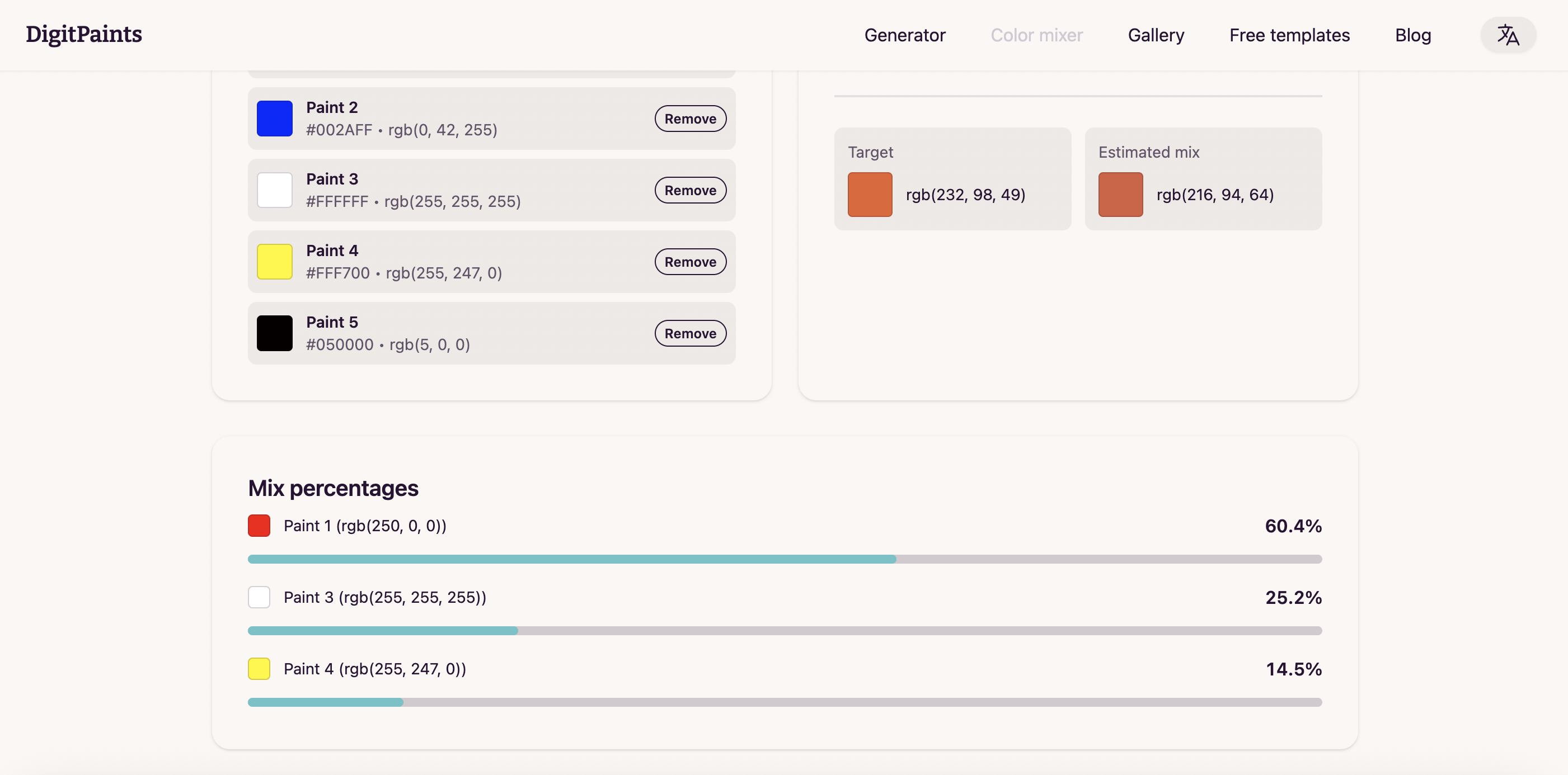 Color calculation result